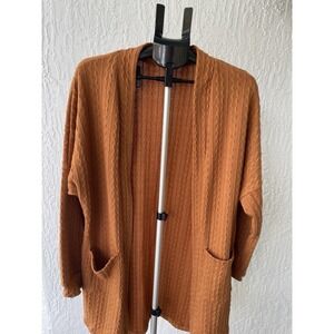 Burnt Orange Cable Knit Open Front Cardigan Relaxed Fit Pocket Rust Sweater L